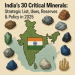 Illustration of India’s 30 critical minerals including lithium, rare earths, cobalt, and gallium with icons representing their strategic applications like EVs, satellites, and clean energy.
