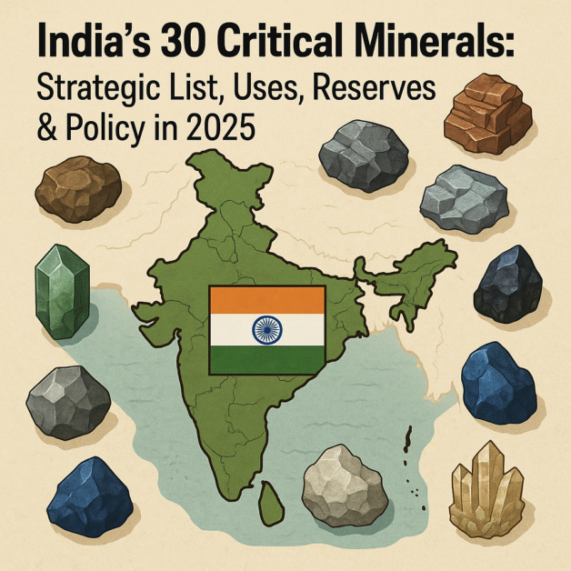 Illustration of India’s 30 critical minerals including lithium, rare earths, cobalt, and gallium with icons representing their strategic applications like EVs, satellites, and clean energy.