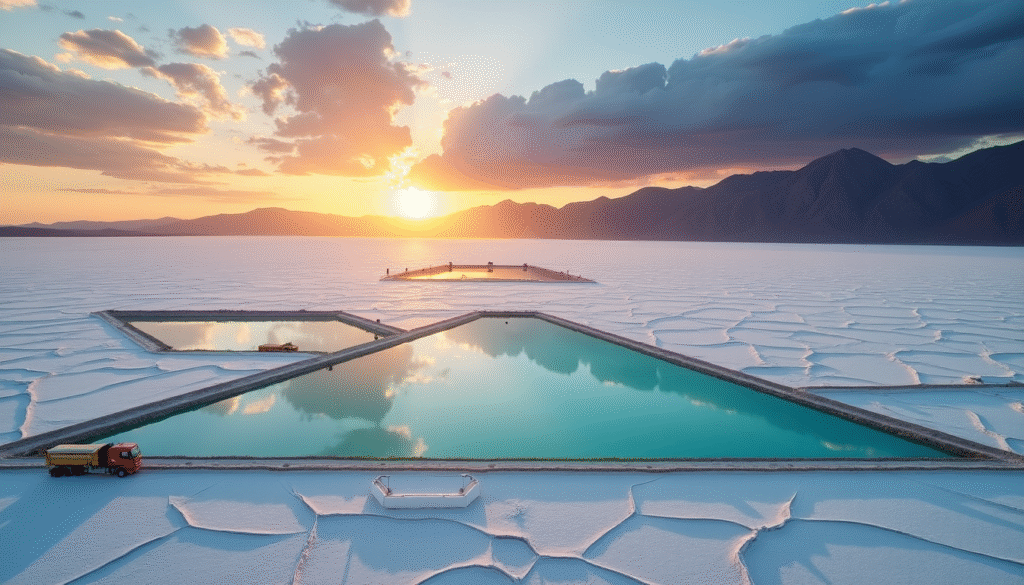 Sunset over salt flats in the Lithium Triangle, with evaporation ponds and distant mountains reflecting on the water