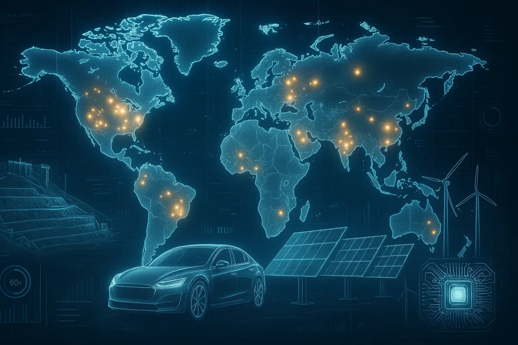 Digital world map highlighting showcasing global critical mineral hotspots with a focus on clean energy demand. Surrounded by icons of mining, solar panels, EVs, and wind turbines. Designed in cool tones with a futuristic data-driven look.
