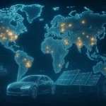 Digital world map highlighting showcasing global critical mineral hotspots with a focus on clean energy demand. Surrounded by icons of mining, solar panels, EVs, and wind turbines. Designed in cool tones with a futuristic data-driven look.