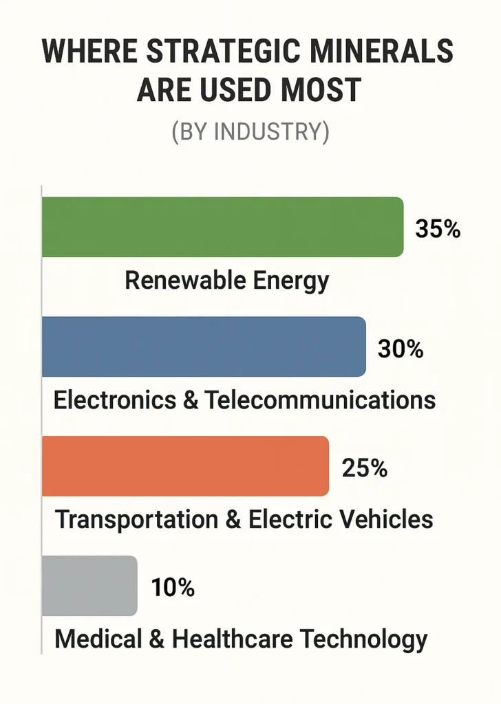 Infographic showing how strategic minerals are distributed across renewable energy, electronics, electric vehicles, and medical sectors