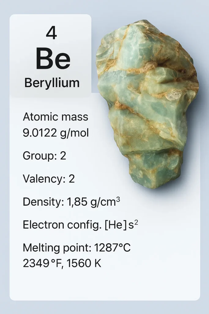 Berrylium colour tile with its Name, atomic number, symbol and other related info written on it with its ore beside