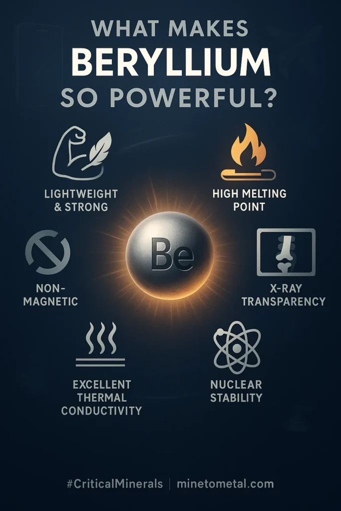 Infographic highlighting beryllium’s core strengths: lightweight & strong, high melting point, X-ray transparency, non-magnetic, excellent thermal conductivity, and nuclear stability